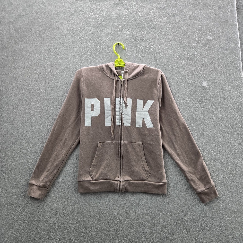 PINK Victoria's Secret Women Hoodie M Taupe Fleece PINK Logo Activewear Zipper